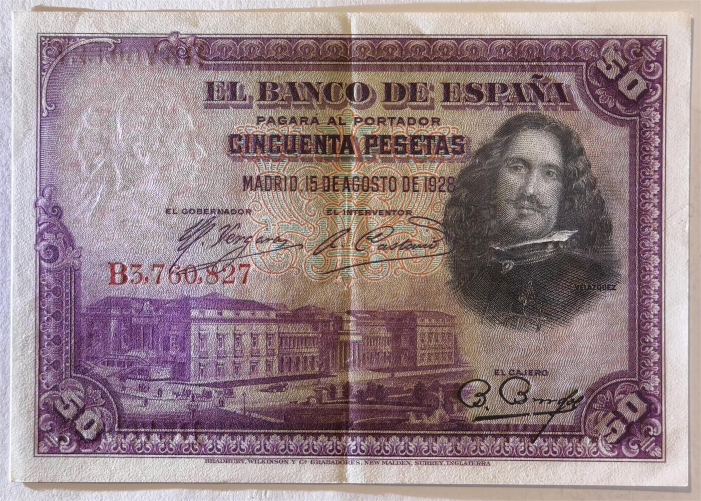 紫瑗钱币——第361期拍卖——纸币场 西班牙 1928年 油画《布雷达的献城》50比塞塔 UNC-有折