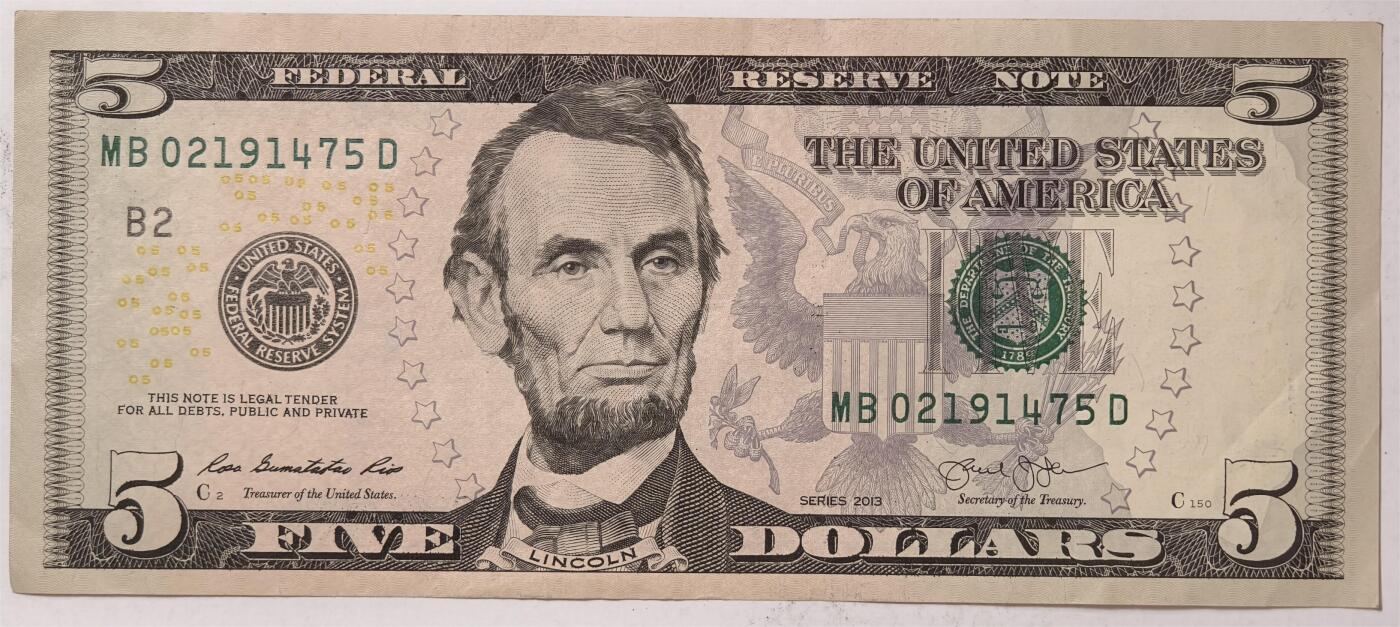 紫瑗钱币——第361期拍卖——纸币场 美国 2013年 B版 无序列 亚伯拉罕·林肯 5美元 彩色版 AU