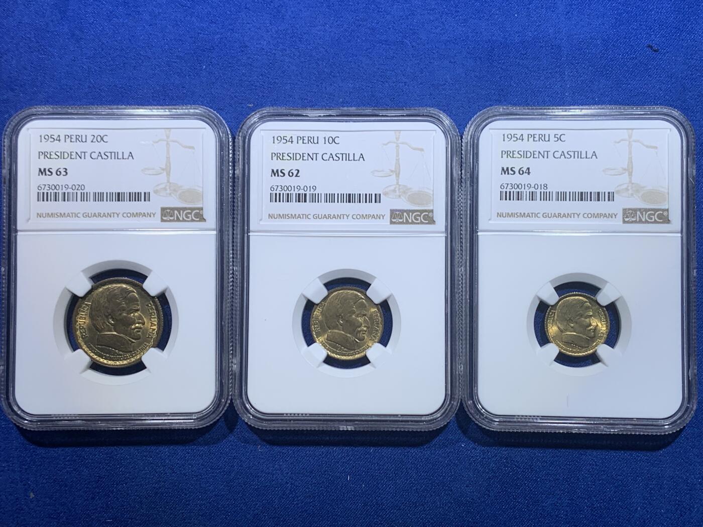 《竞宝斋》第276场- 周日，周一 2场连拍 （全场包邮） 3枚一组 NGC MS64/62/63 秘鲁1954年5分/10分/20分铜币