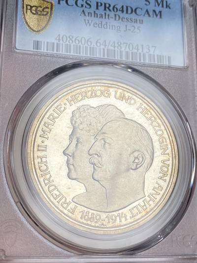 PCGS PR64DCAM 1914年德国安哈特-德邵弗里德里希二世银婚流通纪念5马克 精致深度镜面季军分数 很久很久都没出现如此优质状态的5马克