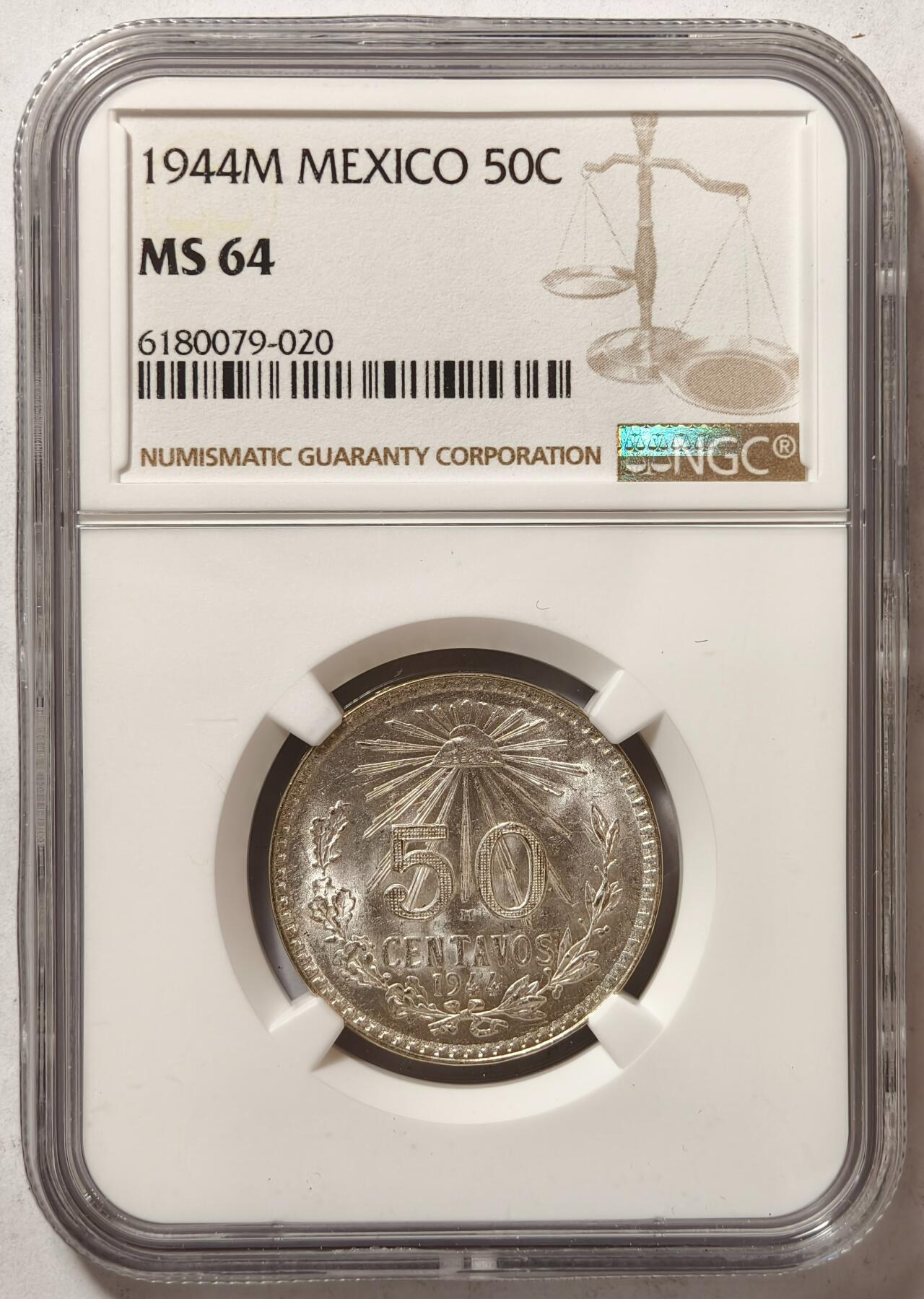 紫瑗钱币——第362期拍卖 墨西哥 1944年 M版 鹰洋 50分 银币 NGC MS64