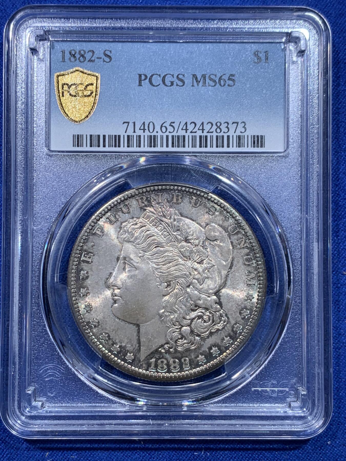《竞宝斋》第276场- 周日，周一 2场连拍 （全场包邮） PCGS MS65 美国 1882年 摩根银币 原味五彩 美轮美奂
