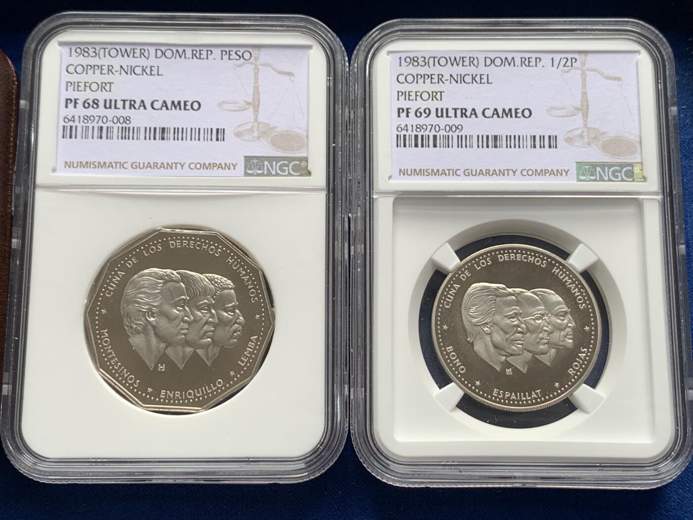 《竞宝斋》第276场- 周日，周一 2场连拍 （全场包邮） 5枚一组 多米尼加1983铜镍加厚币（该年份没有银加厚）少见 全面值是2枚（PF67UC 10分+PF68UC 5分，共发行300套）+3枚（PF68UC 1比索+PF69UC 1/2比索和25分，共发行270套，另外还有30套加厚包含在Special sets（SS）组合套里面，因此全面值加厚组合凑齐还要减去30套，即240套。240套系书中记载现实中难遇！）英国皇家造币厂铸造 带原盒原包 NG