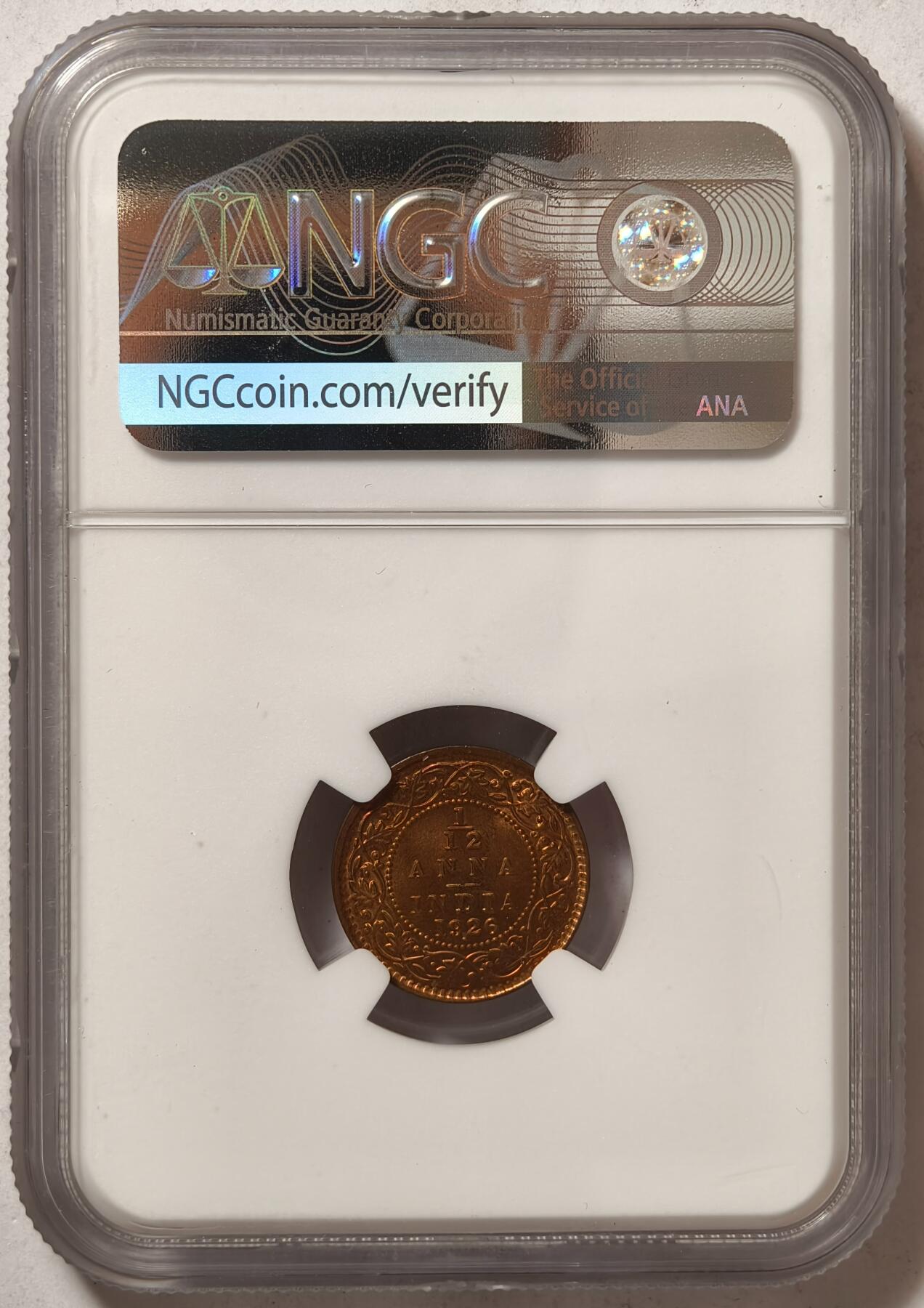 紫瑗钱币——第362期拍卖 英属印度 1926年 B版 乔治五世 1/12安娜 铜币 NGC MS65 RB