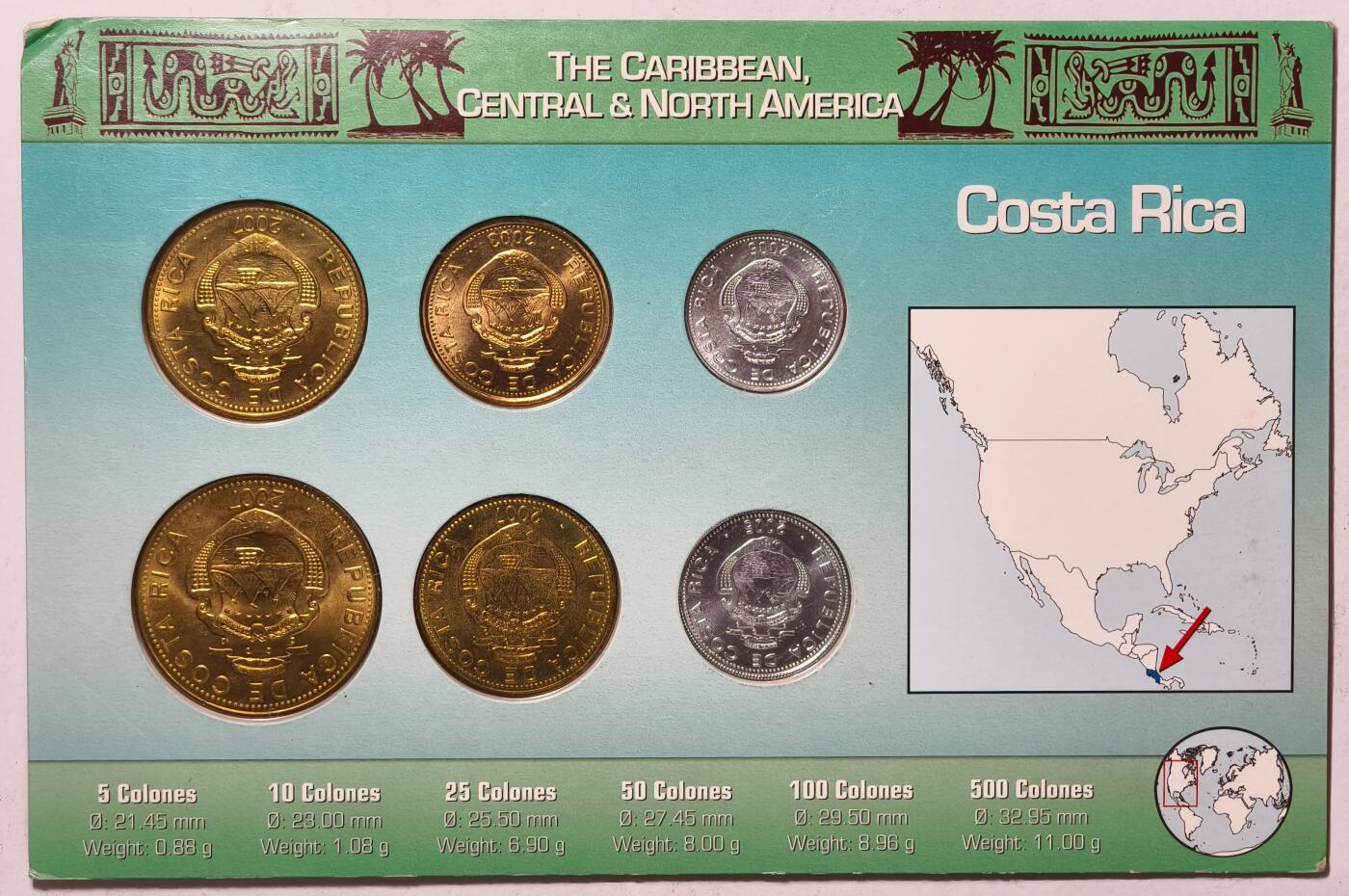 紫瑗钱币——第362期拍卖 哥斯达黎加 200X年  流通硬币 5—500科朗 6枚全套 UNC