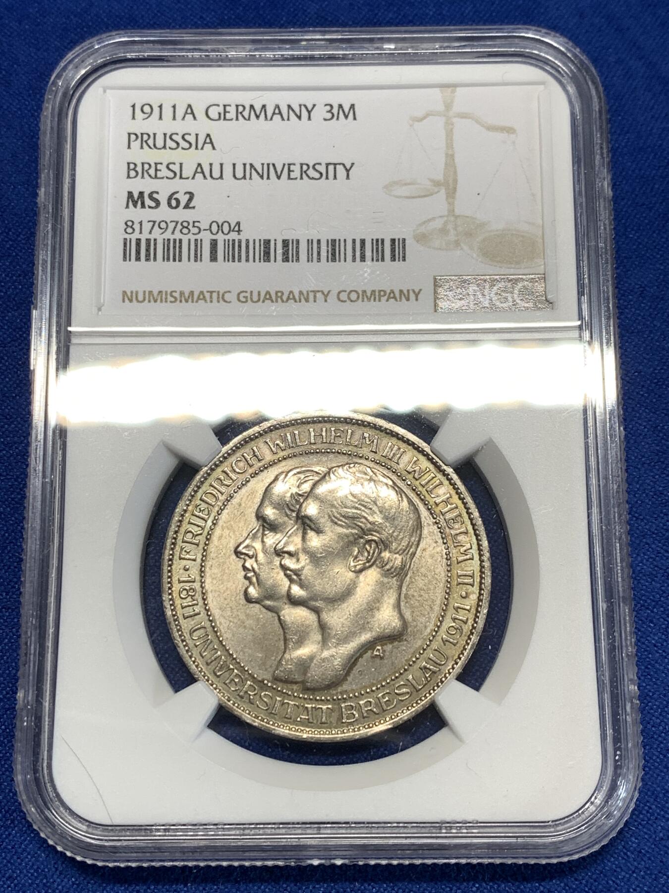 《竞宝斋》第276场- 周日，周一 2场连拍 （全场包邮） NGC MS62 德国1911年普鲁士布雷斯劳大学3马克银币