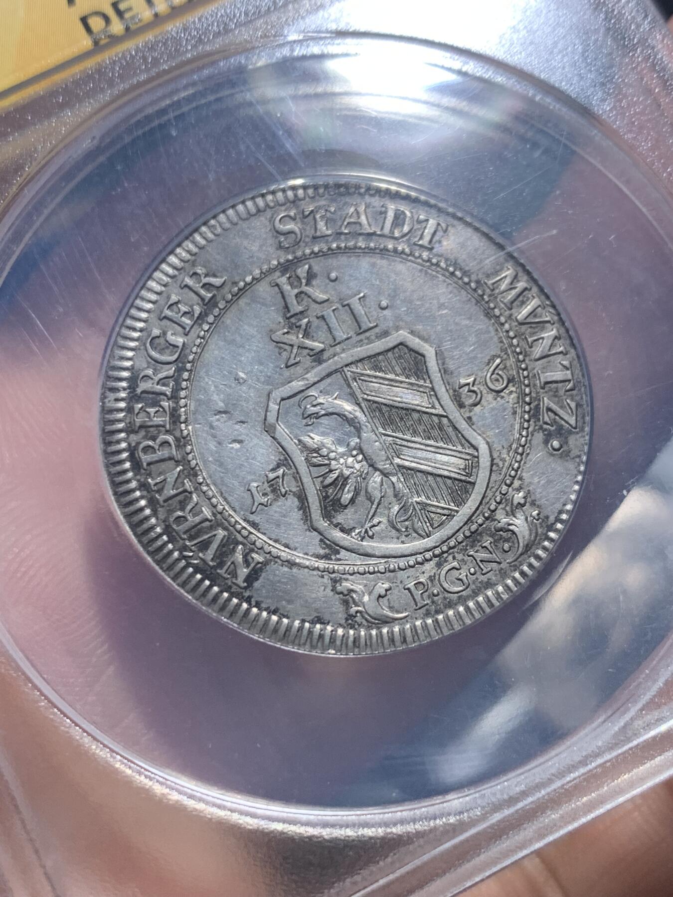 《竞宝斋》第276场- 周日，周一 2场连拍 （全场包邮） ANACS小黄盒 德国 1736 纽伦堡 12克鲁泽银币  非常少的品种