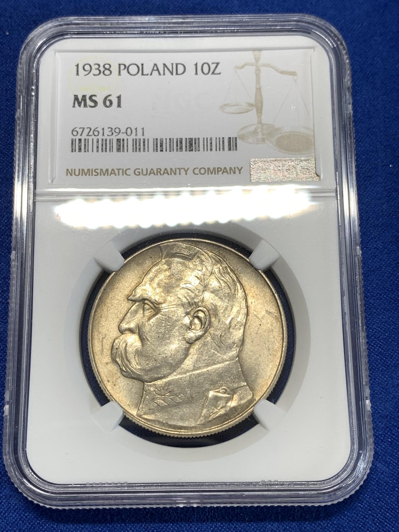 《竞宝斋》第276场- 周日，周一 2场连拍 （全场包邮） NGC MS61 1938年波兰10兹罗提银币 该品种的大特年 毕苏斯基人像 国内首见
