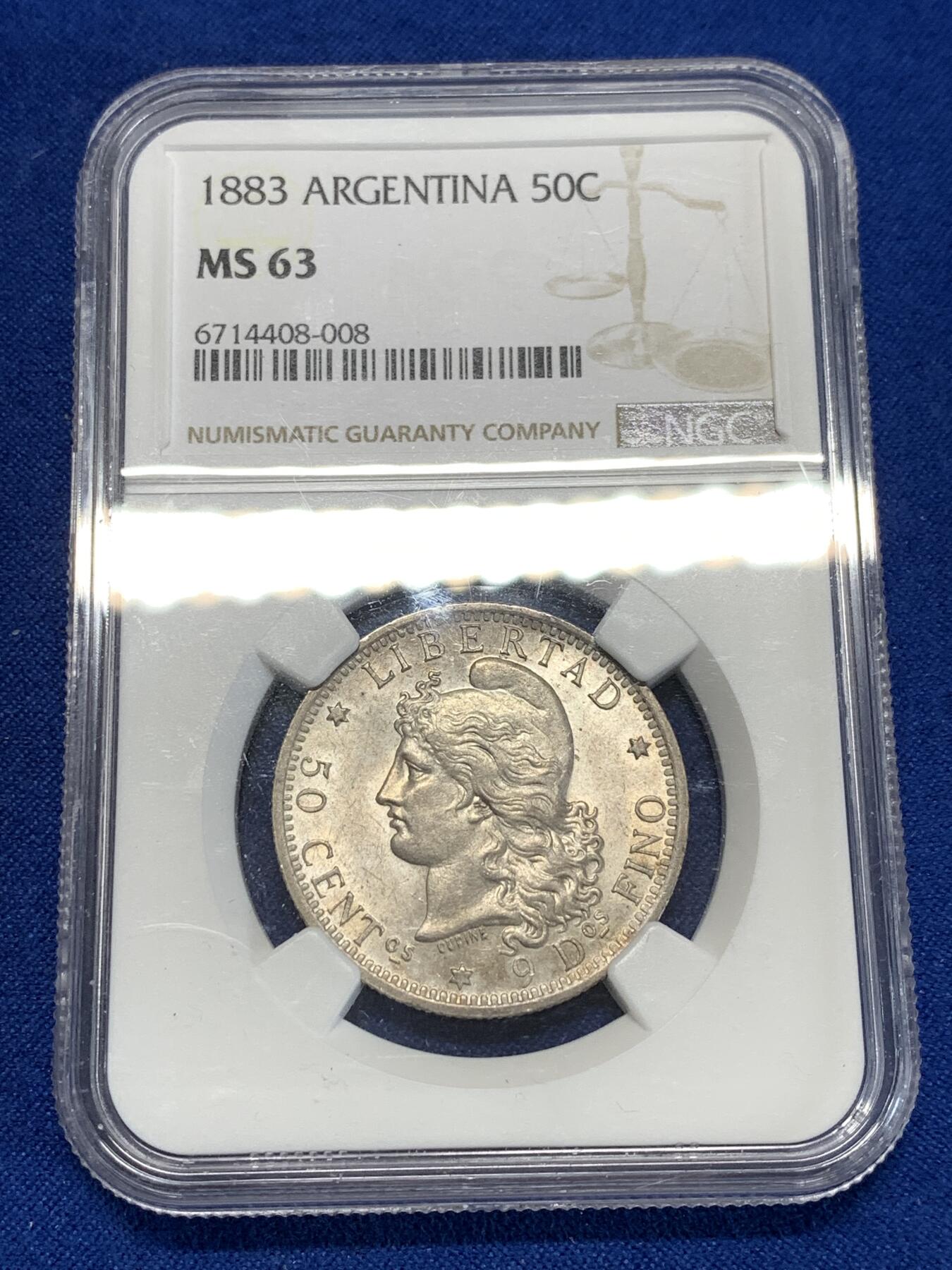 《竞宝斋》第276场- 周日，周一 2场连拍 （全场包邮） NGC MS63 阿根廷 1883年 50分银币 高分辅币 少见