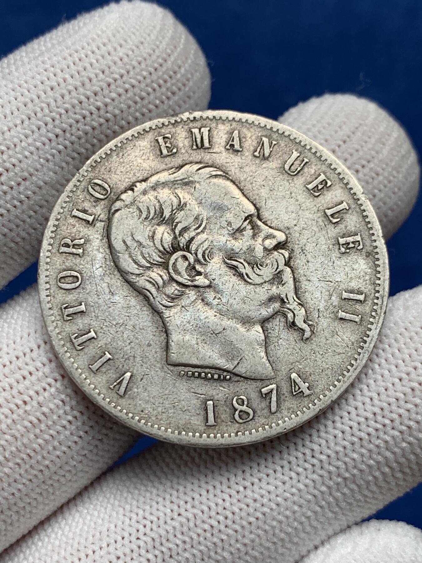 《竞宝斋》第276场- 周日，周一 2场连拍 （全场包邮） 意大利1874年埃马努埃莱二世5里拉银币 细节见图