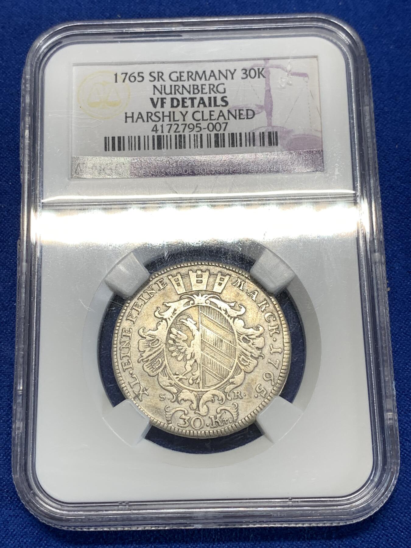 《竞宝斋》第276场- 周日，周一 2场连拍 （全场包邮） NGC VF 德国 纽伦堡 1765 30克鲁泽银币 单一年份遇上不易