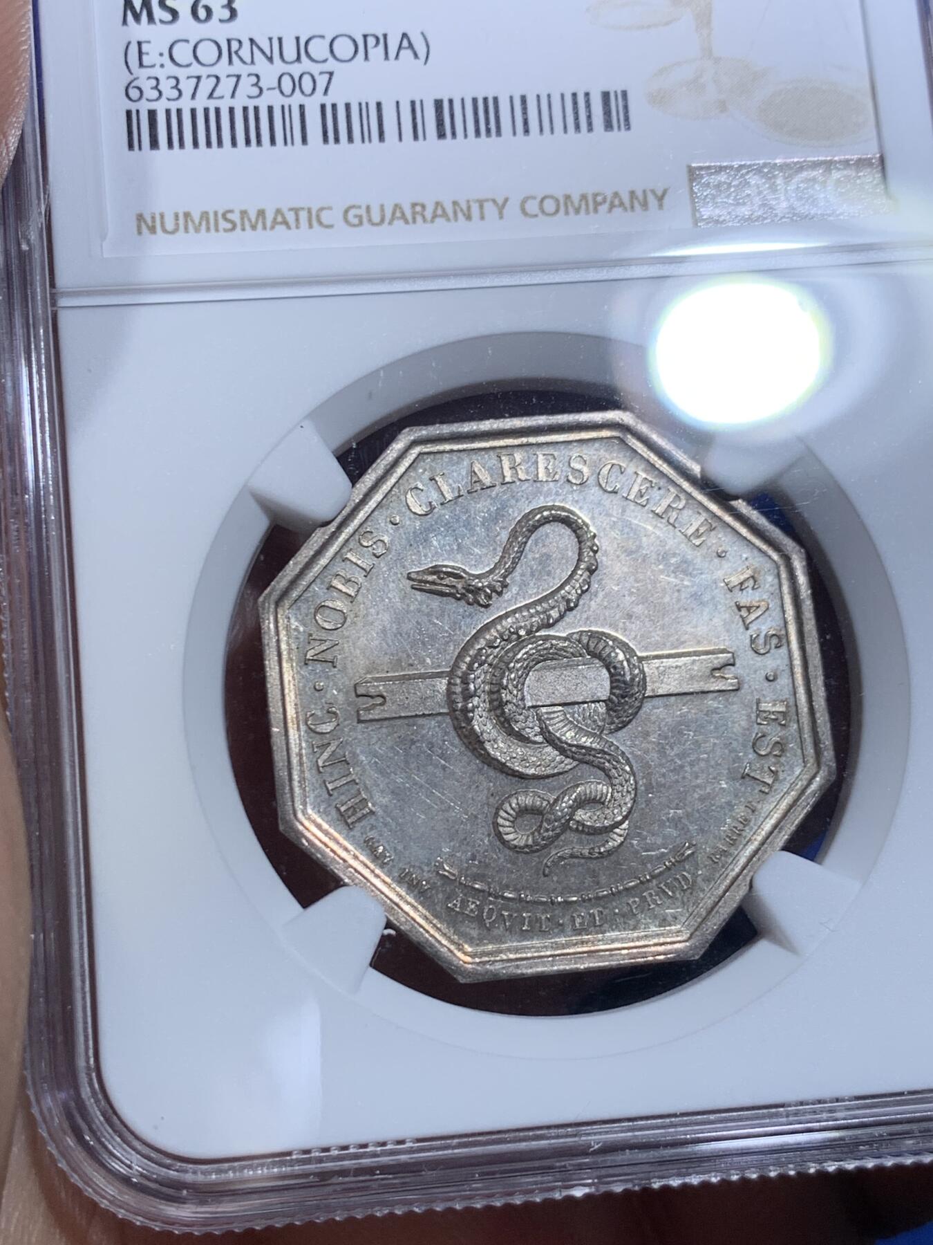 《竞宝斋》第276场- 周日，周一 2场连拍 （全场包邮） NGC MS63 法国特雷武公证人八角银质代币 高分好状态