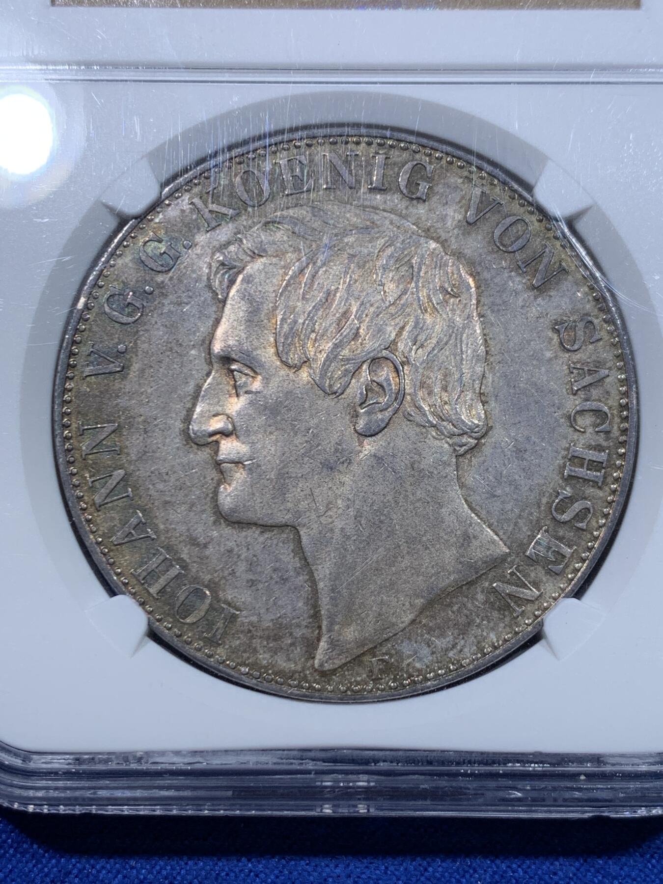 《竞宝斋》第276场- 周日，周一 2场连拍 （全场包邮） NGC MS61 德国 1855萨克森流通纹章2泰勒 约翰五世2泰勒的首年，37克大银币，两年发行品种，NGC亚军分，包浆好看