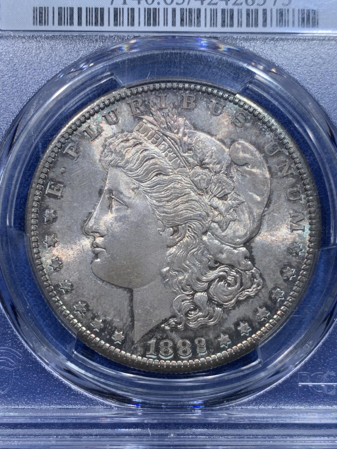 《竞宝斋》第276场- 周日，周一 2场连拍 （全场包邮） PCGS MS65 美国 1882年 摩根银币 原味五彩 美轮美奂