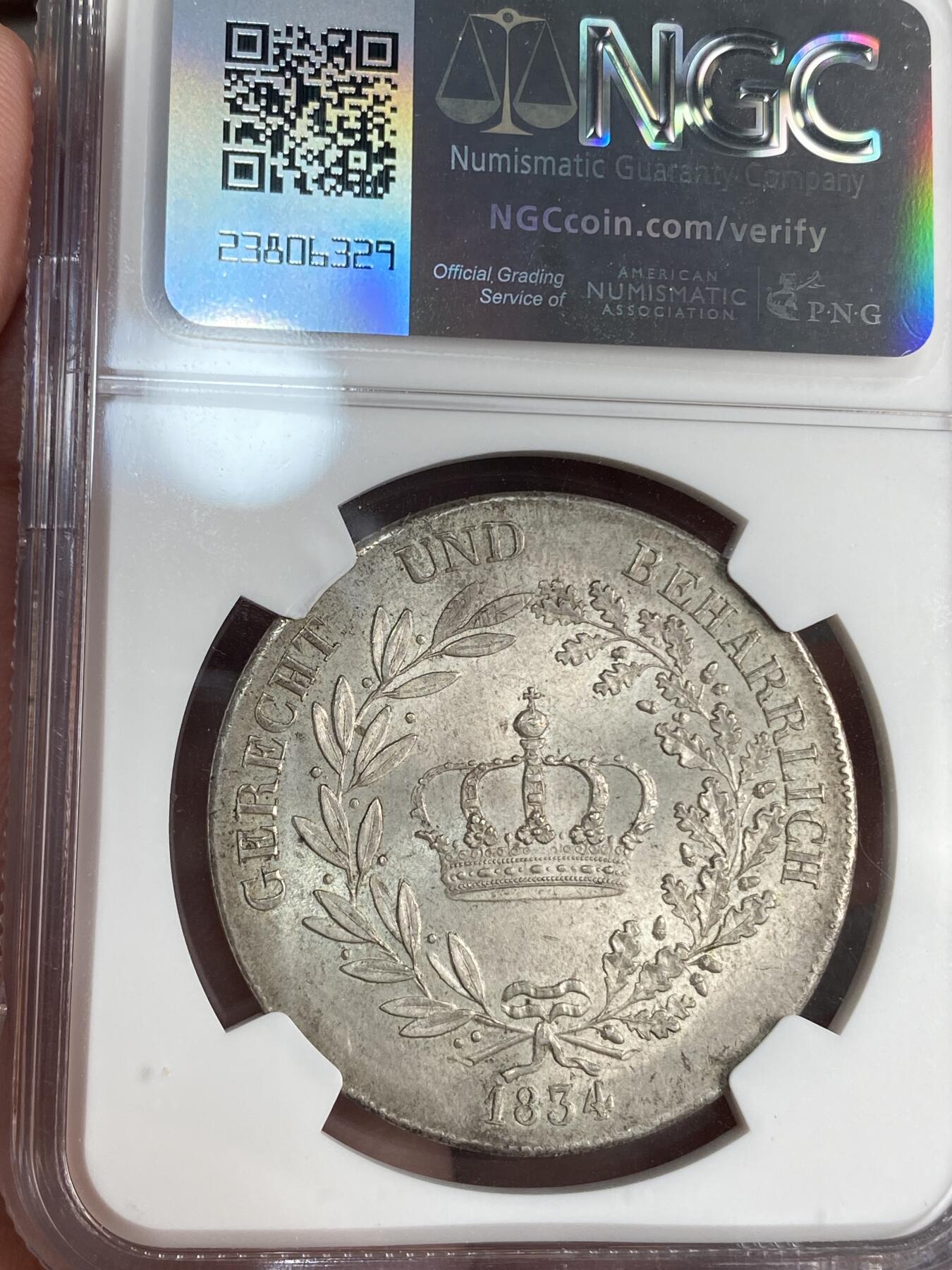 【麦稀奇世界钱币展】万国钱币拍卖第027期（五月端阳●万国夏季大拍） NGC MS62 1834年德国巴伐利亚路德维希一世皇冠流通大泰勒 协议泰勒之前的流通泰勒 接近30G 打制深俊 暴力转光