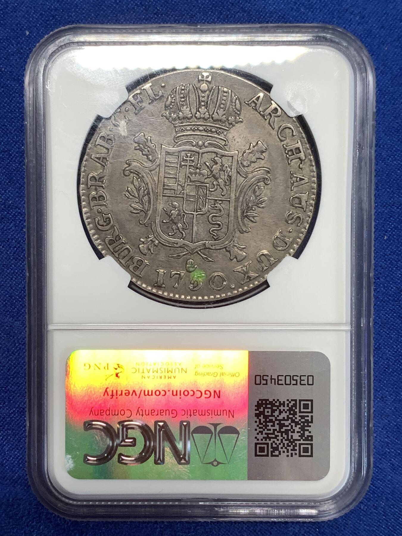 《竞宝斋》第276场- 周日，周一 2场连拍 （全场包邮） 季军分 NGC XF40 奥属尼德兰 1750 大奶妈 1杜卡特大银币 33.2克大规格 比同时期的奥属重很多 最高58分