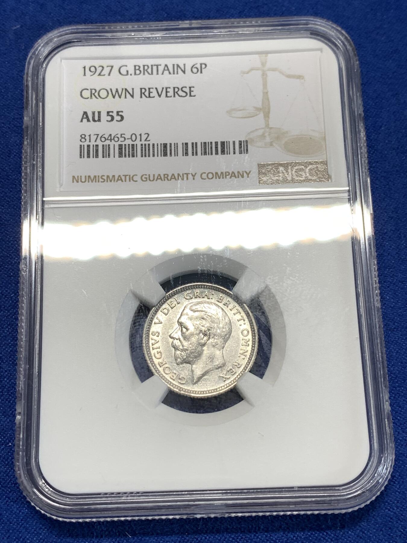 《竞宝斋》第276场- 周日，周一 2场连拍 （全场包邮） NGC AU55 英国1927年乔治五世6便士银币