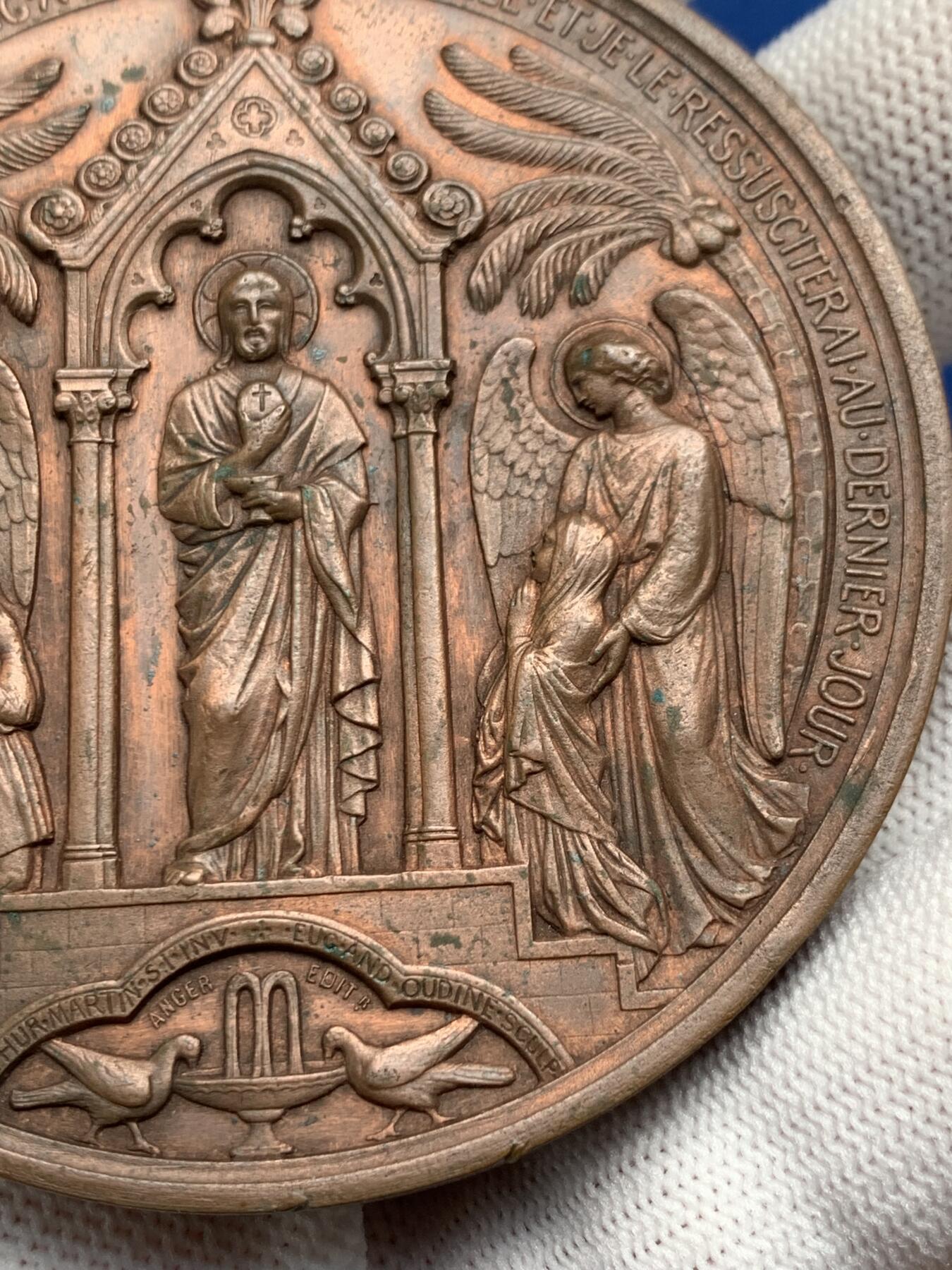 《竞宝斋》第276场- 周日，周一 2场连拍 （全场包邮） 法国1874年洗礼铜章 160.5g 69.5mm 铜标边铭