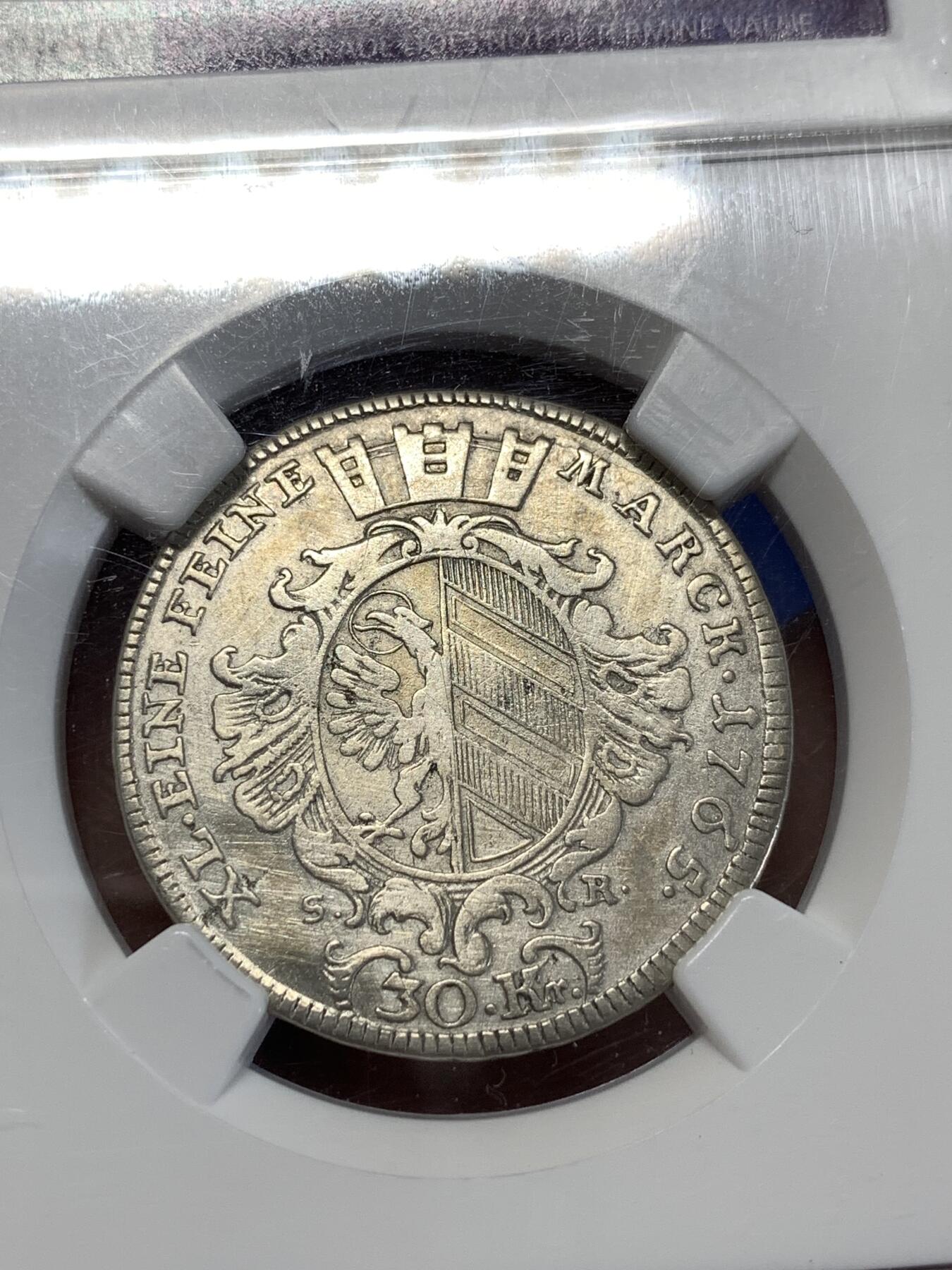 《竞宝斋》第276场- 周日，周一 2场连拍 （全场包邮） NGC VF 德国 纽伦堡 1765 30克鲁泽银币 单一年份遇上不易