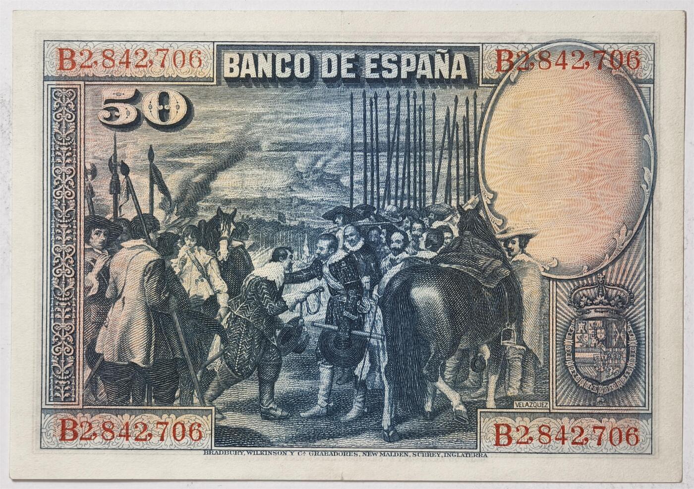 紫瑗钱币——第361期拍卖——纸币场 西班牙 1928年 油画《布雷达的献城》50比塞塔 UNC- 有折