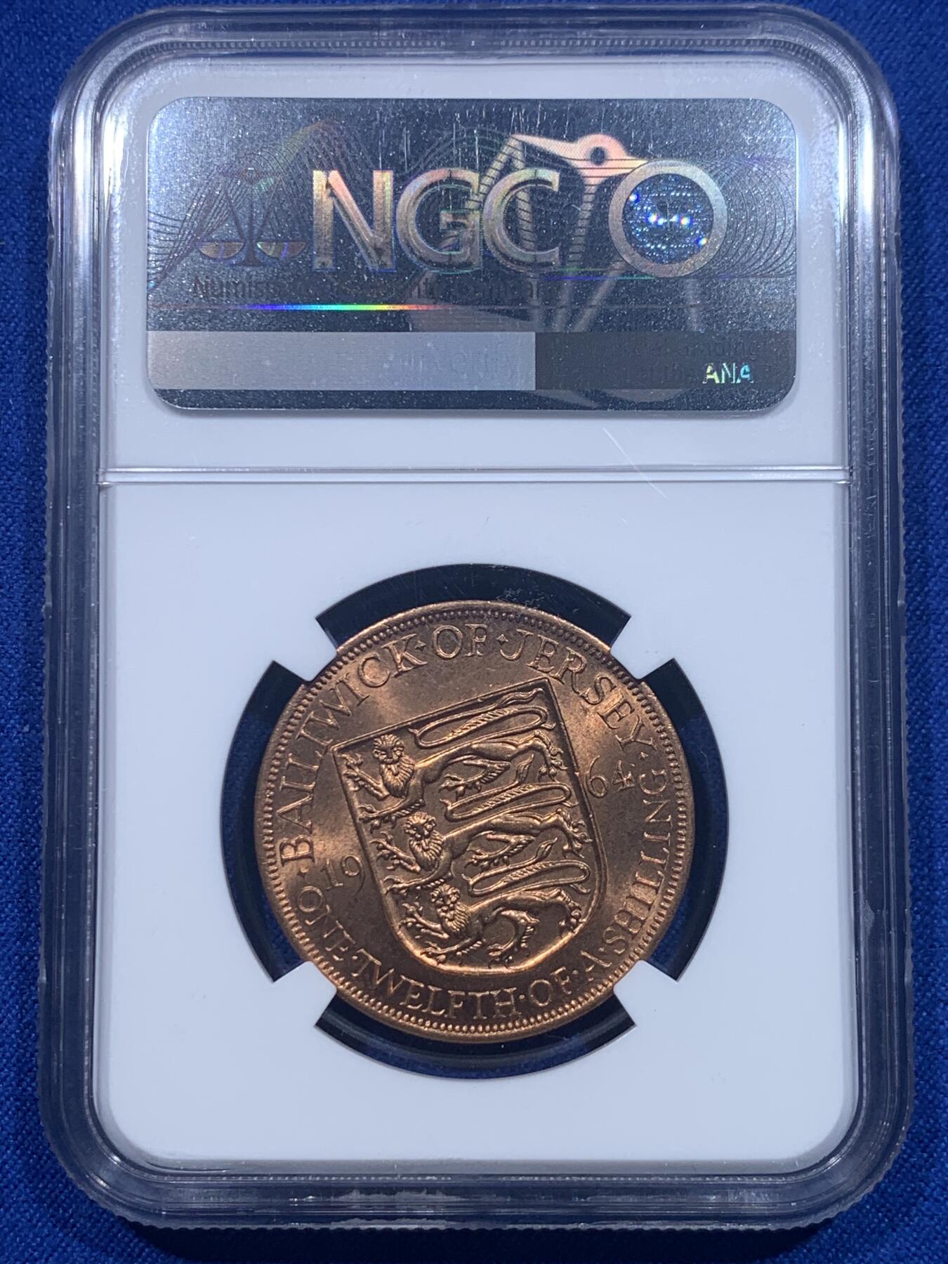 《竞宝斋》第276场- 周日，周一 2场连拍 （全场包邮） NGC MS63RB 英属泽西岛1/12S铜币 铜光漂亮