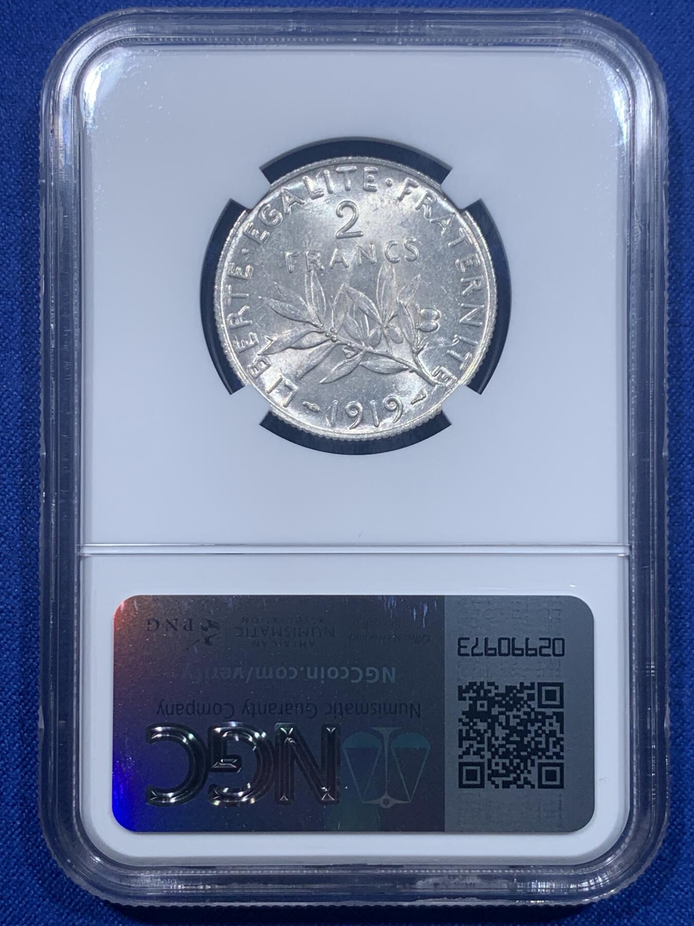 《竞宝斋》第276场- 周日，周一 2场连拍 （全场包邮） NGC MS63 法国1919年播种女神2法郎银币