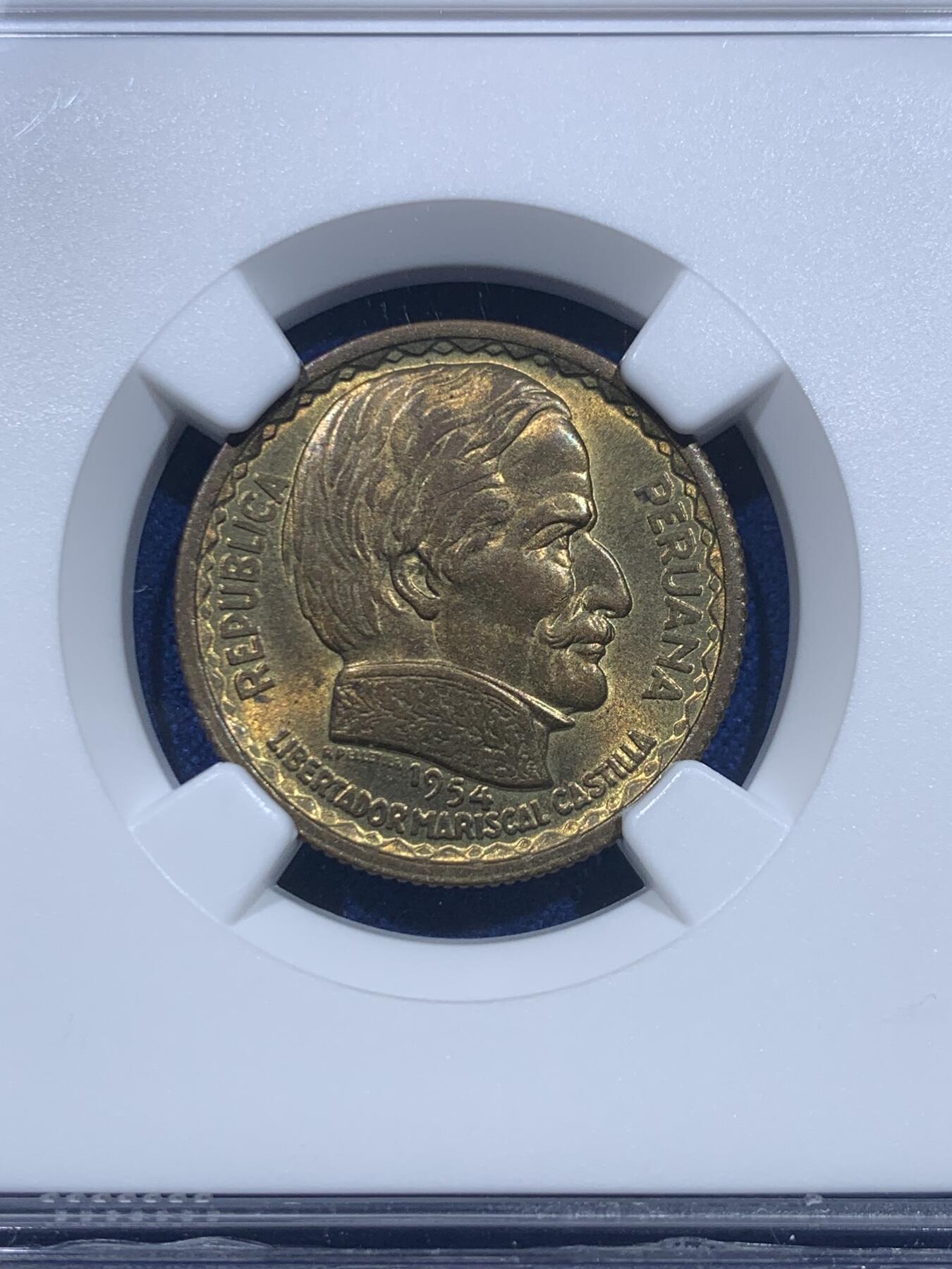 《竞宝斋》第276场- 周日，周一 2场连拍 （全场包邮） 3枚一组 NGC MS64/62/63 秘鲁1954年5分/10分/20分铜币