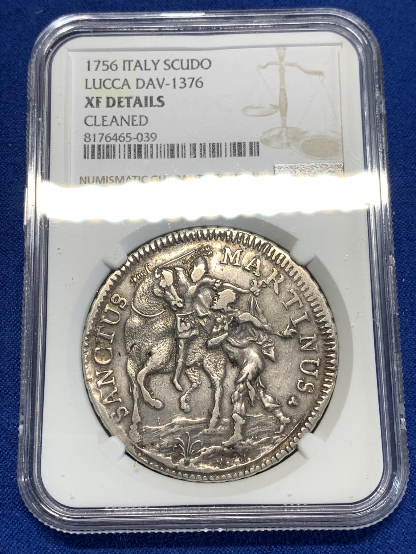 《竞宝斋》第276场- 周日，周一 2场连拍 （全场包邮） NGC XFD 意大利卢卡1756年持剑骑士圣马丁1斯库多大银币 非常稀少的品种
