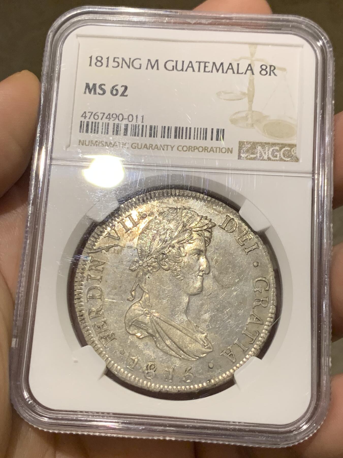 《竞宝斋》第276场- 周日，周一 2场连拍 （全场包邮） NGC MS62 1815危地马拉费七双柱银币 双面深打原光PL镜面 冠军分 西属毕业级收藏