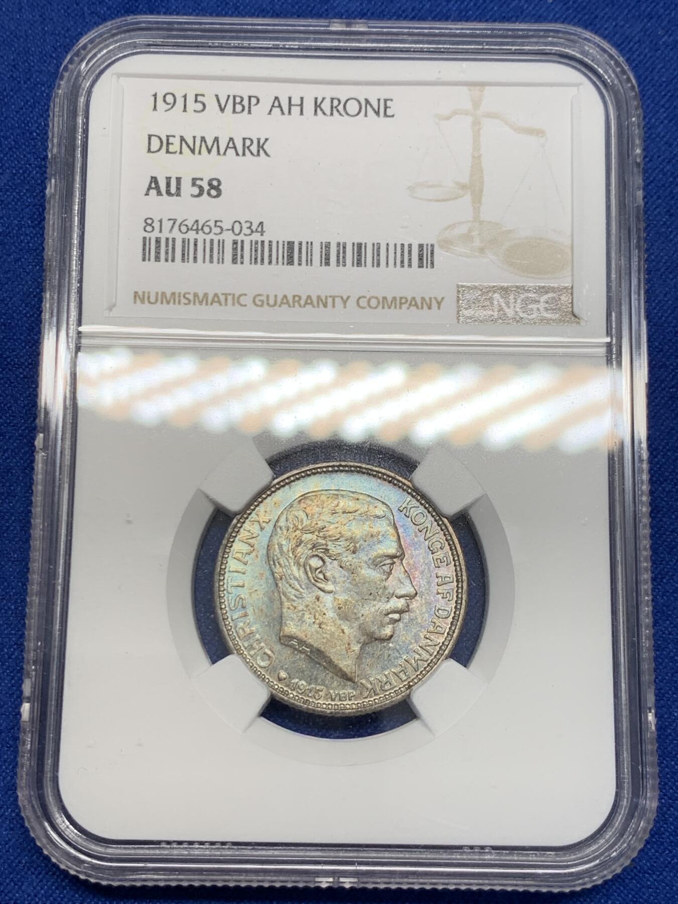 《竞宝斋》第276场- 周日，周一 2场连拍 （全场包邮） NGC AU58 丹麦1915年国王克里斯蒂安十世1克朗银币