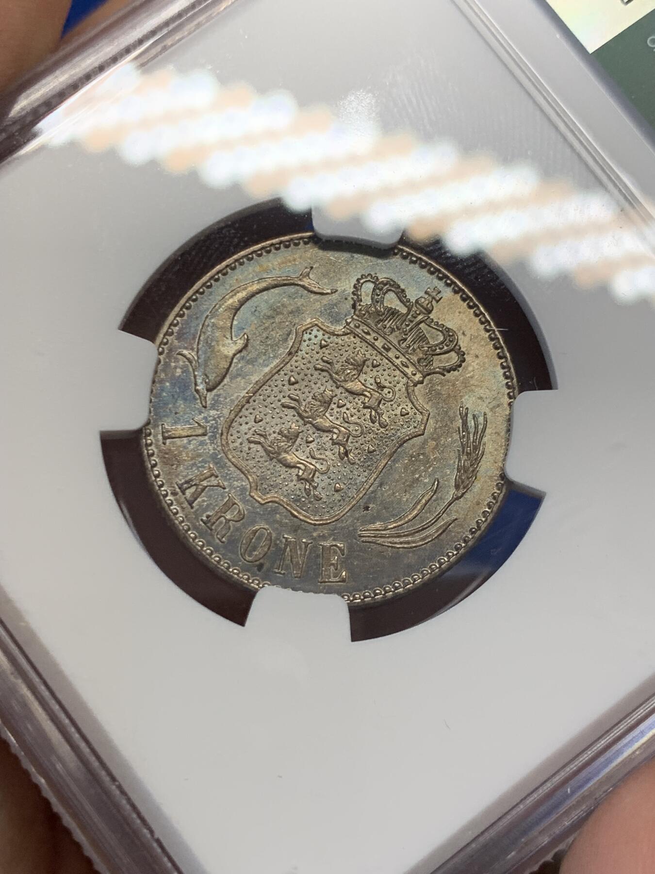 《竞宝斋》第276场- 周日，周一 2场连拍 （全场包邮） NGC AU58 丹麦1915年国王克里斯蒂安十世1克朗银币