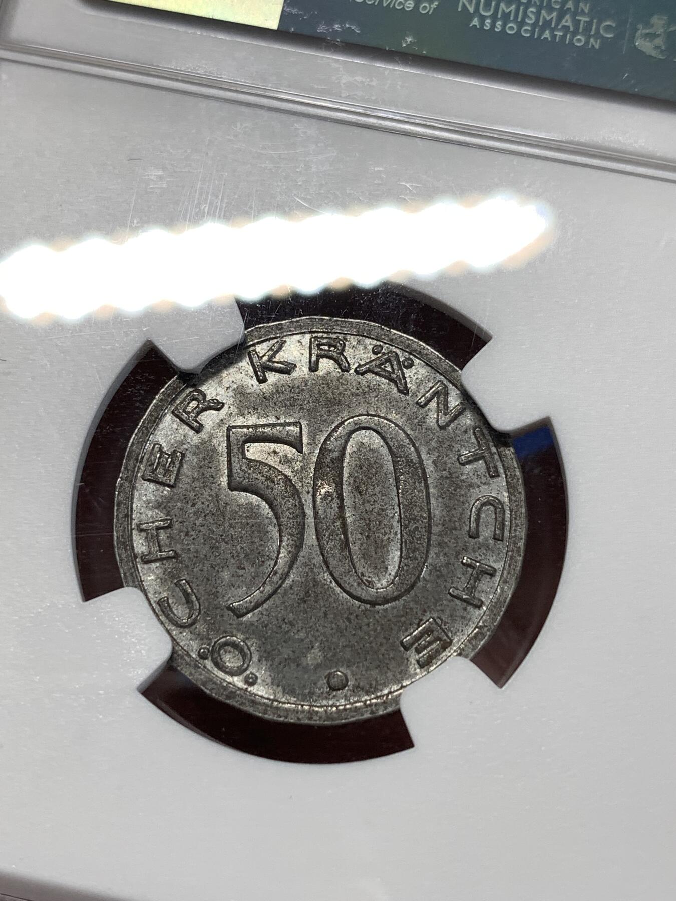 《竞宝斋》第276场- 周日，周一 2场连拍 （全场包邮） NGC MS62 德紧亚琛 1920年鹰头 50芬尼 铁币