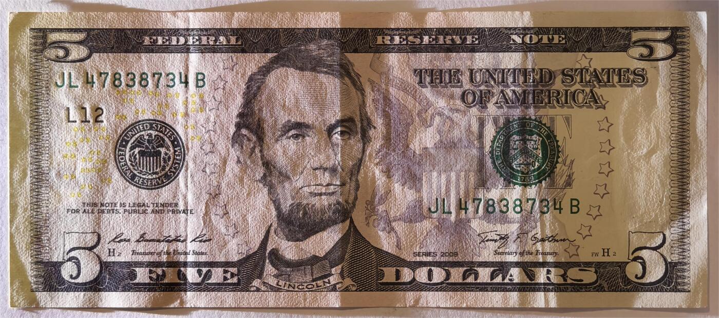 紫瑗钱币——第375期拍卖——纸币场 美国 2009年 L版 无序列 亚伯拉罕·林肯 5美元 彩色版 AU