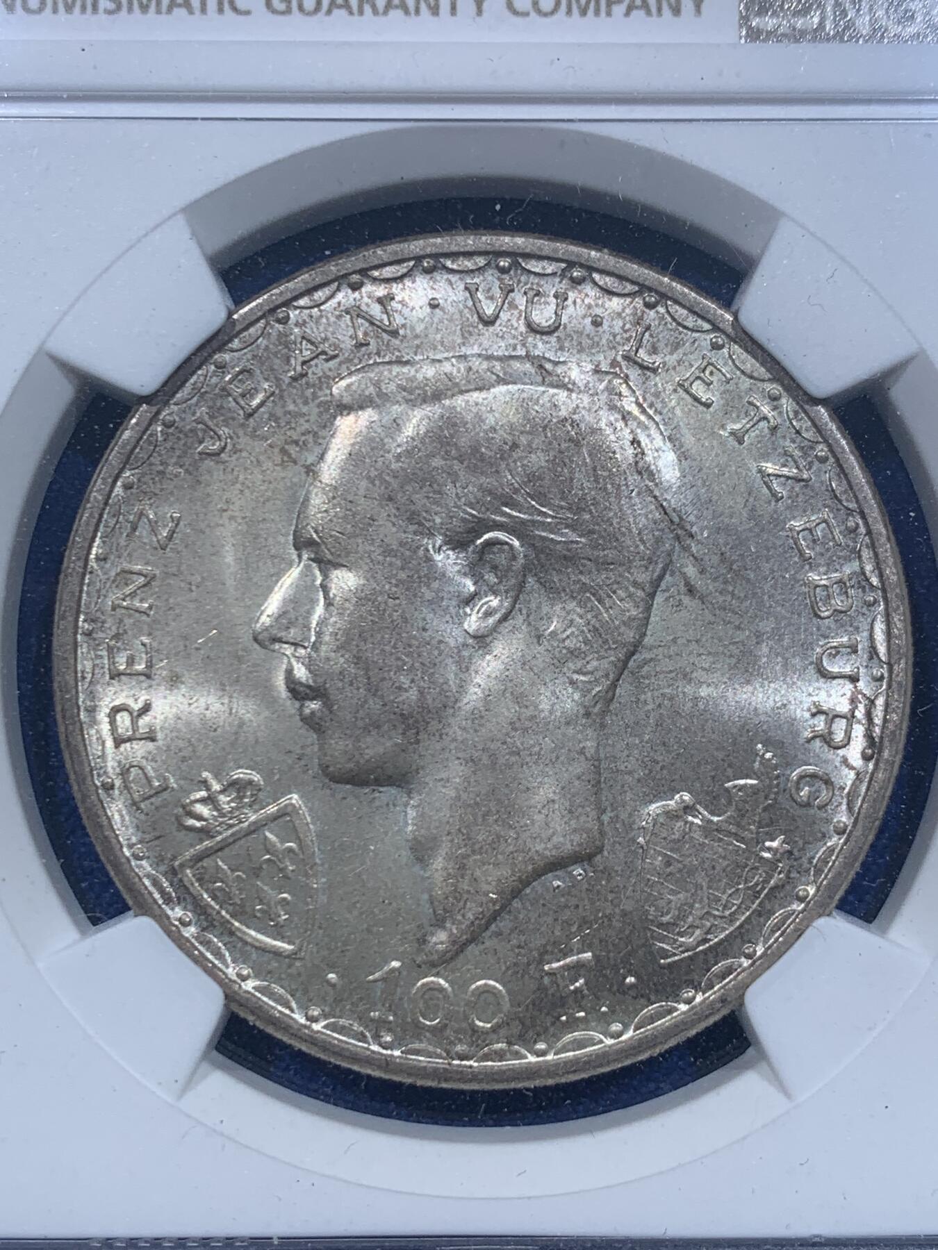 《竞宝斋》第276场- 周日，周一 2场连拍 （全场包邮） NGC MS65 卢森堡1946年盲人约翰战死600周年纪念100法郎马剑银币