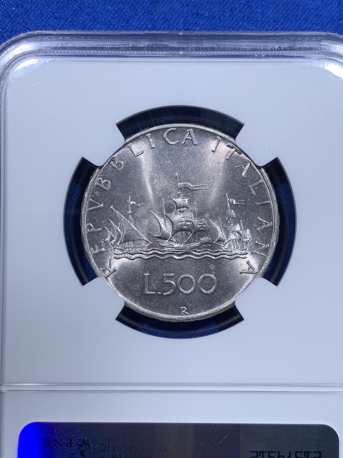 《竞宝斋》第276场- 周日，周一 2场连拍 （全场包邮） NGC MS66 意大利1970美女帆船500里拉银币 卷拆高分 紫罗兰包浆