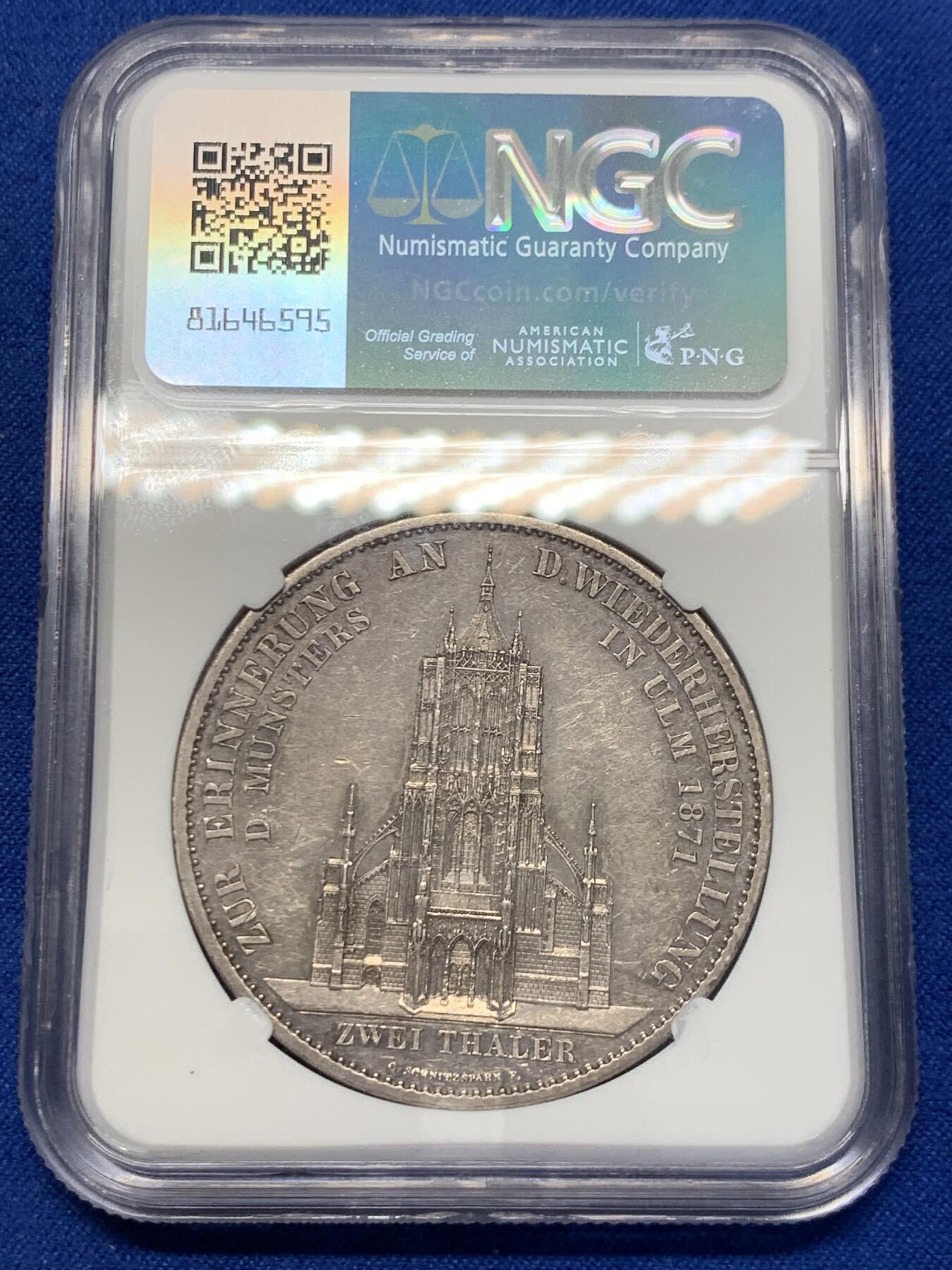 《竞宝斋》第276场- 周日，周一 2场连拍 （全场包邮） NGC MS61 德国 1871年 符腾堡乌尔姆大教堂 2泰勒 大银币 热门品种  比精制的少见不少
