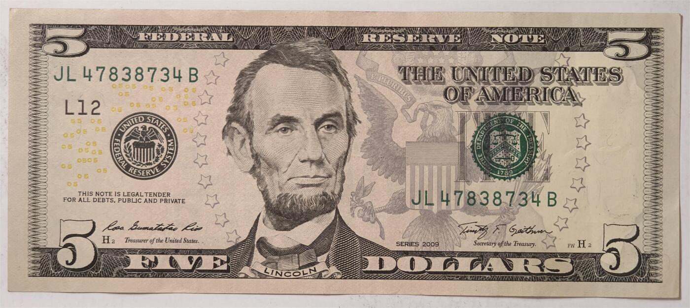 紫瑗钱币——第375期拍卖——纸币场 美国 2009年 L版 无序列 亚伯拉罕·林肯 5美元 彩色版 AU