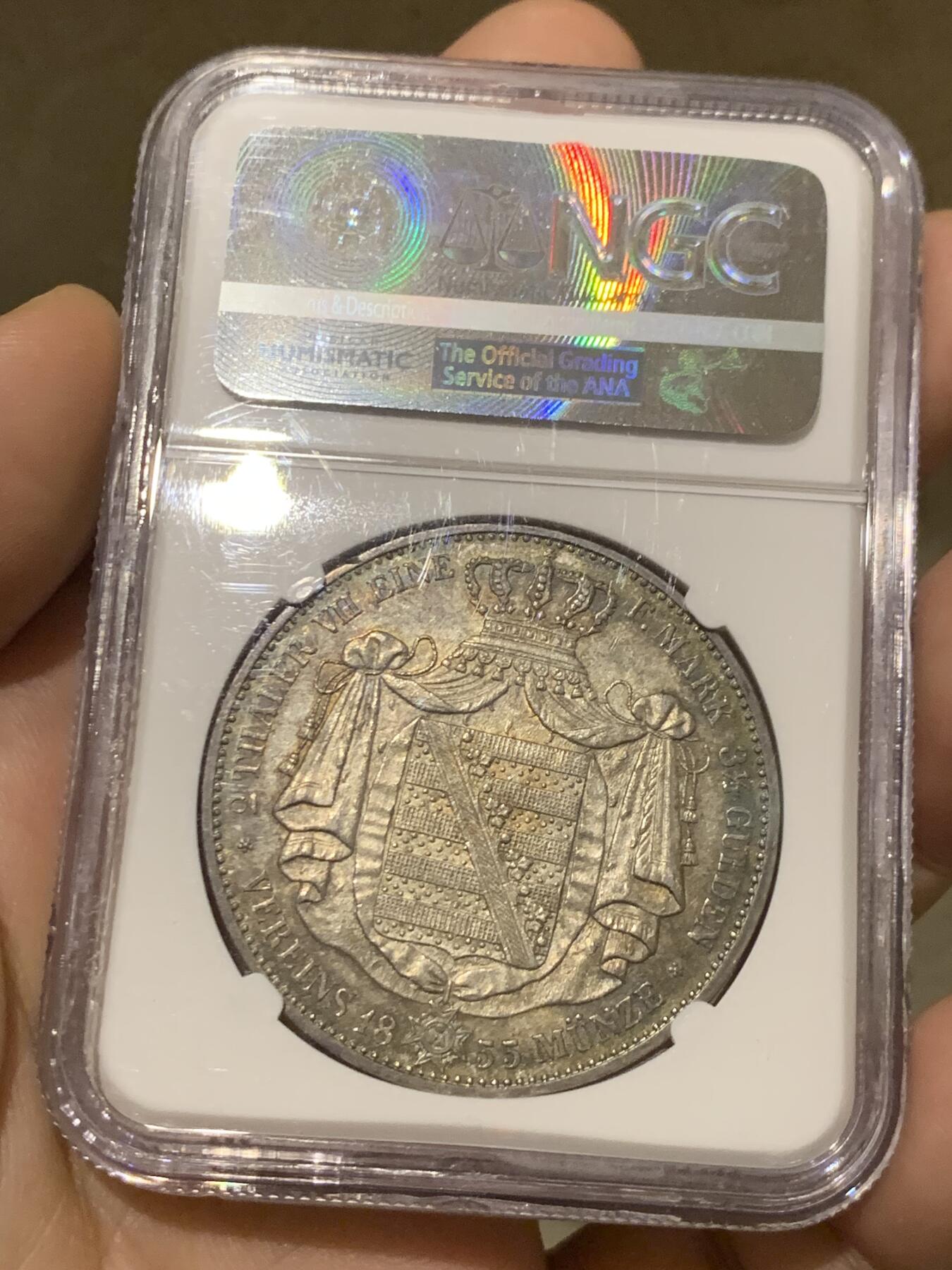 《竞宝斋》第276场- 周日，周一 2场连拍 （全场包邮） NGC MS61 德国 1855萨克森流通纹章2泰勒 约翰五世2泰勒的首年，37克大银币，两年发行品种，NGC亚军分，包浆好看