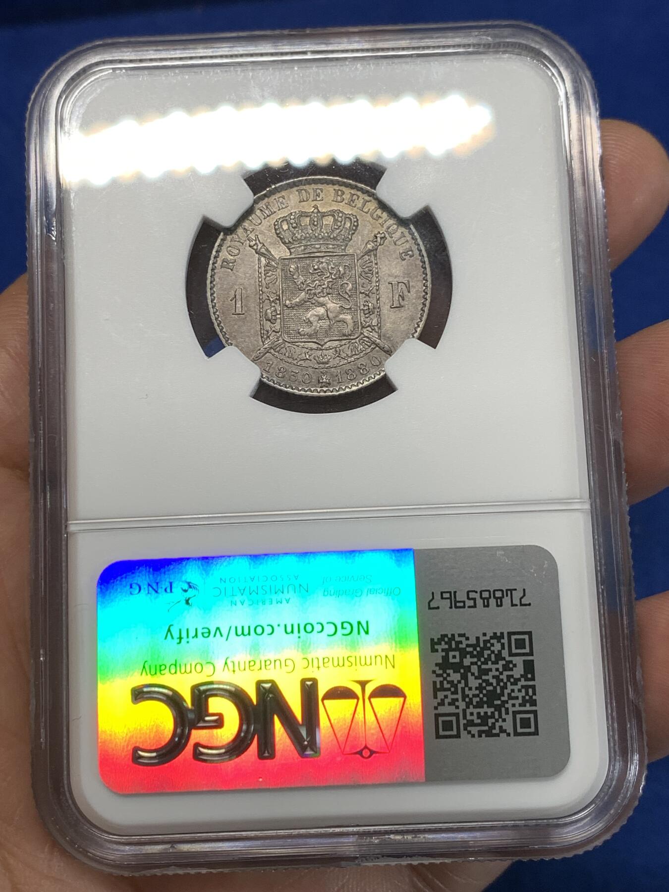 《竞宝斋》第276场- 周日，周一 2场连拍 （全场包邮） NGC AU53 比利时1880年建国50周年纪念1法郎银币，数量较少