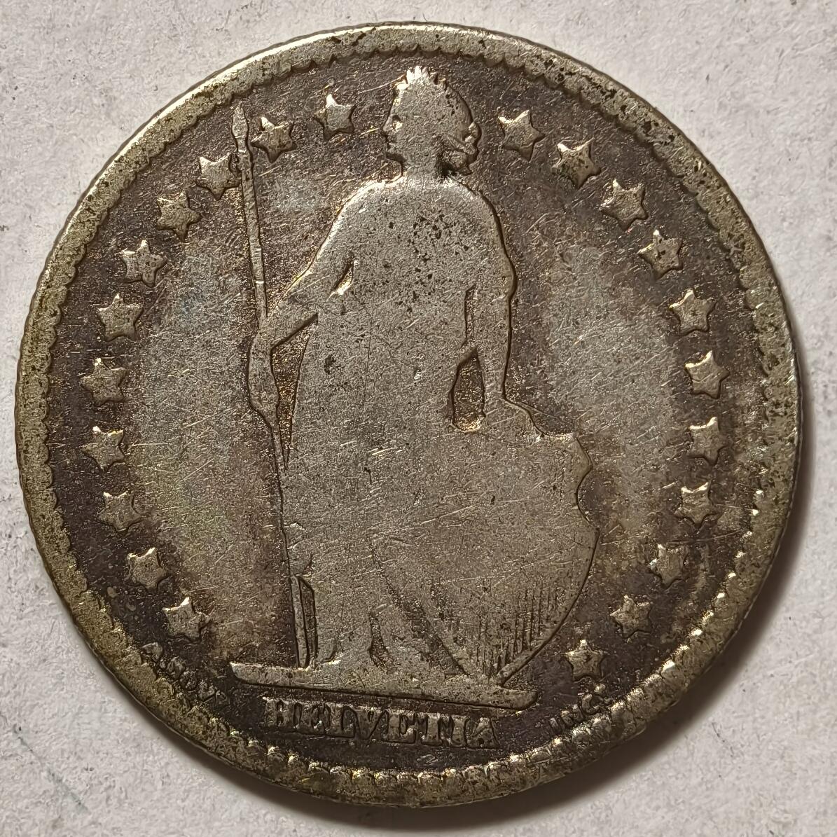 紫瑗钱币——第362期拍卖 瑞士 1880年 B版 赫尔维蒂女神 1法郎 5克 0.835银