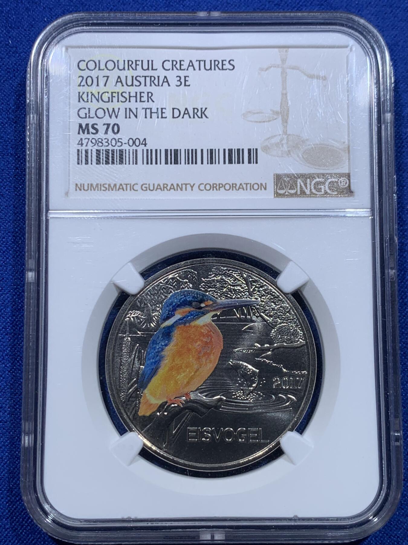 《竞宝斋》第276场- 周日，周一 2场连拍 （全场包邮） NGC MS70 奥地利2017年 多彩生物-夜间活动-翠鸟 3欧元夜光纪念币