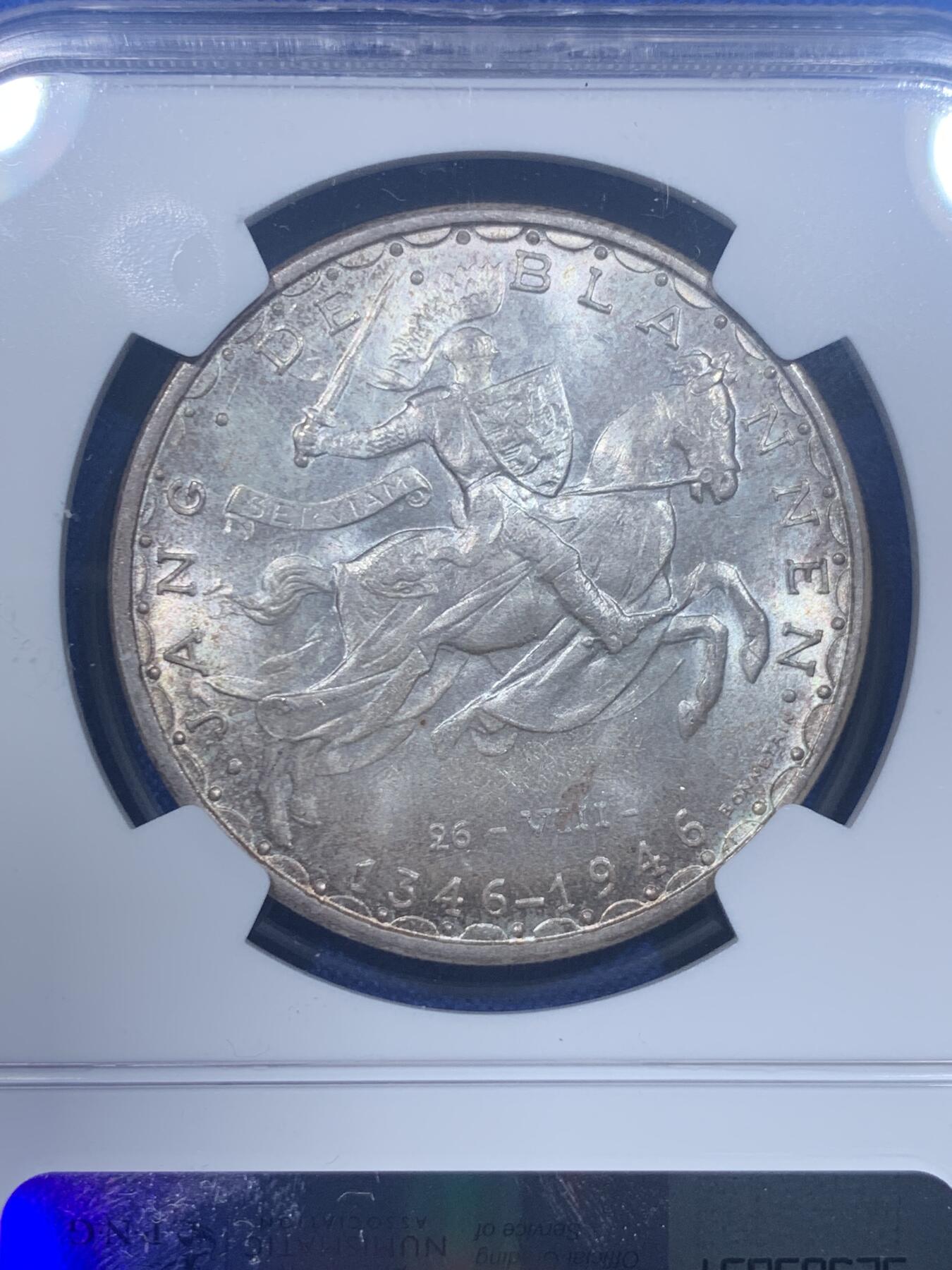 《竞宝斋》第276场- 周日，周一 2场连拍 （全场包邮） NGC MS65 卢森堡1946年盲人约翰战死600周年纪念100法郎马剑银币