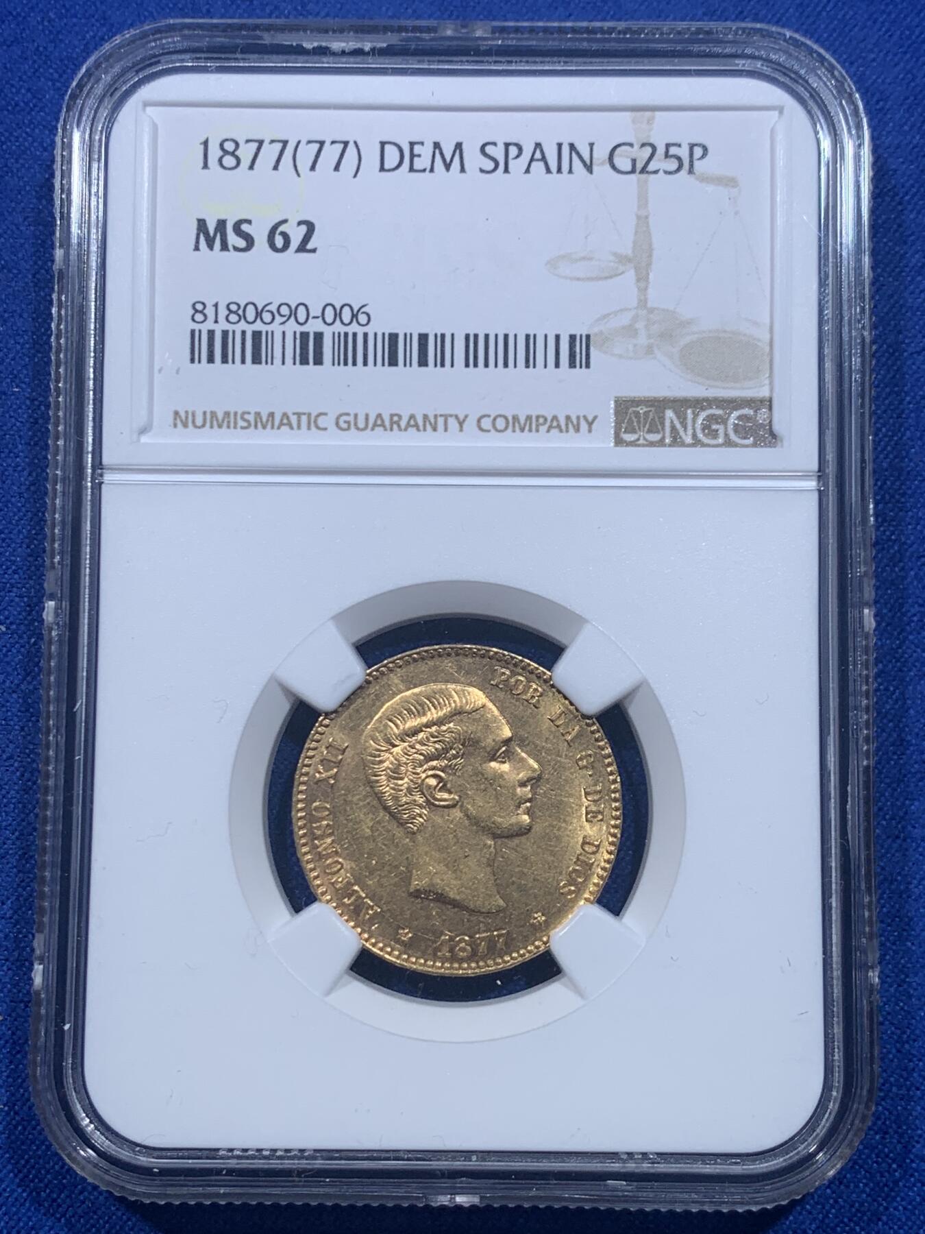 《竞宝斋》第276场- 周日，周一 2场连拍 （全场包邮） NGC MS62 西班牙1877年阿方索十二世25比塞塔金币 8.06克