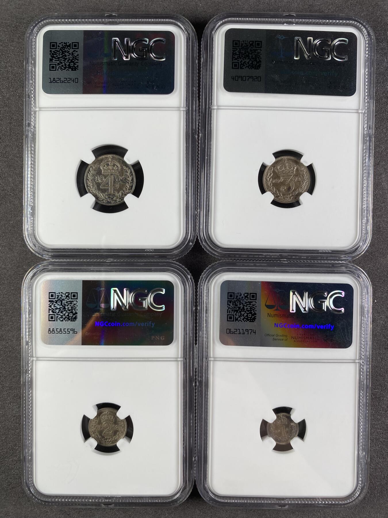 【麦稀奇世界钱币展】万国钱币拍卖第027期（五月端阳●万国夏季大拍） NGC PF62～64 1902英国爱德华七世精制Matte濯足币一组4枚 原盒五彩