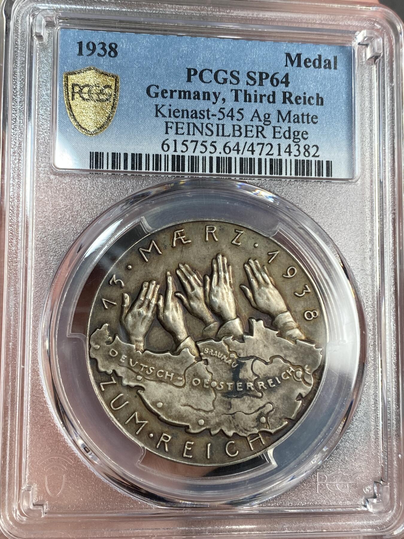 【麦稀奇世界钱币展】万国钱币拍卖第027期（五月端阳●万国夏季大拍） PCGS SP64 1938年德国解放奥地利纪念银章 哥茨设计 三帝国名誉品种