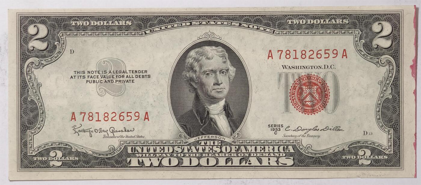 紫瑗钱币——第375期拍卖——纸币场 美国 1953年 C序列 托马斯·杰斐逊 2美元 红印 政府券 UNC-