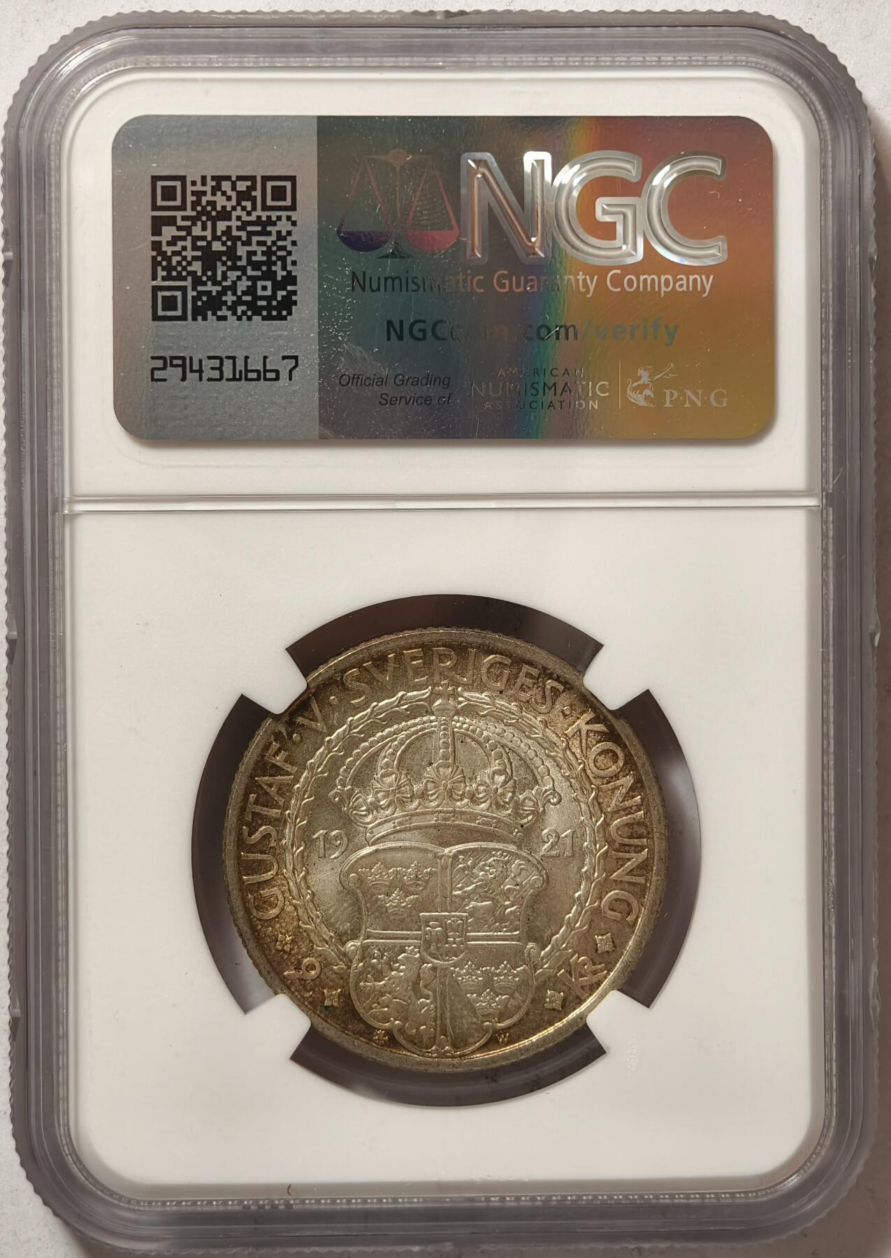 紫瑗钱币——第362期拍卖 瑞典 1921年 政治自由400周年 2克朗 银币 NGC MS66 五彩