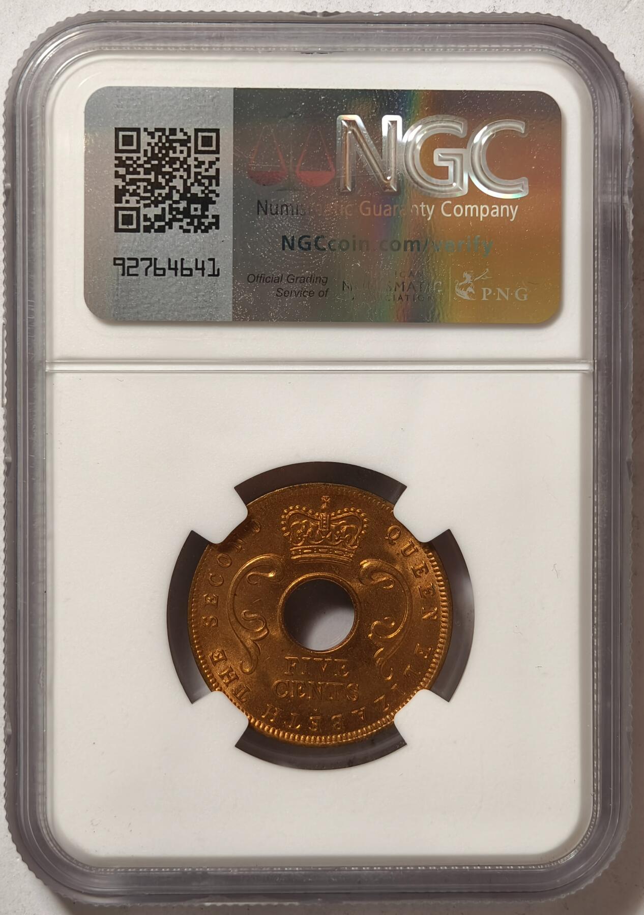 紫瑗钱币——第362期拍卖 英属东非 1956年 H版 伊丽莎白二世 5分 红铜币 NGC MS65 RB