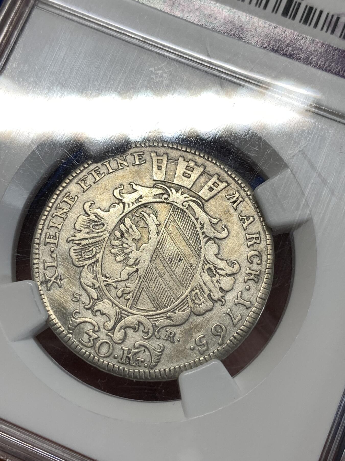 《竞宝斋》第276场- 周日，周一 2场连拍 （全场包邮） NGC VF 德国 纽伦堡 1765 30克鲁泽银币 单一年份遇上不易