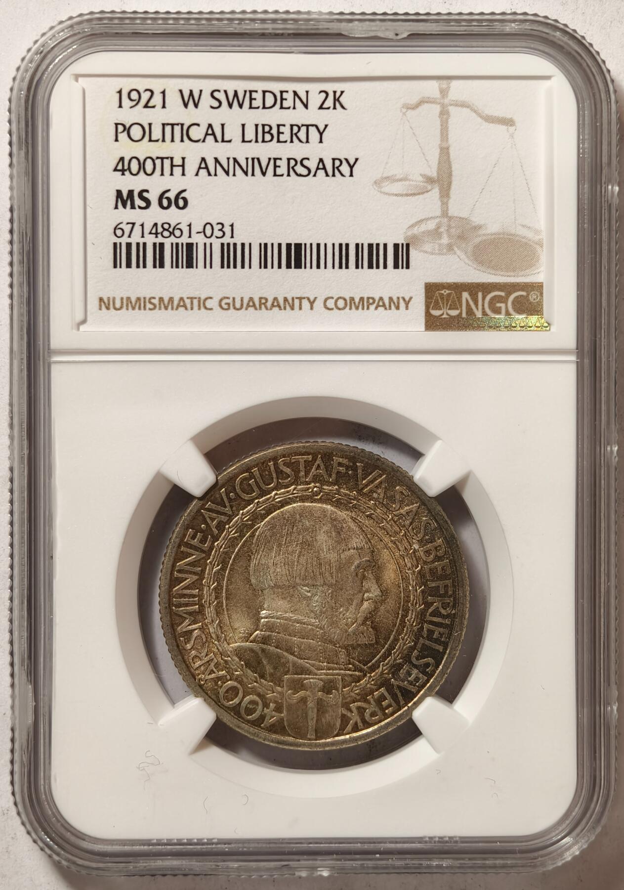 紫瑗钱币——第362期拍卖 瑞典 1921年 政治自由400周年 2克朗 银币 NGC MS66 五彩